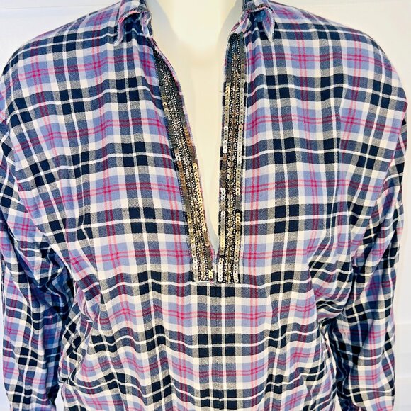 Loobies Story Flannel Shirt Womens S Light Blue Black Sequined Deep V-Neck - Picture 2 of 11